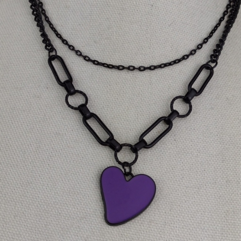 Edgy Black Chunky Chain Purple & Black Heart PendantSuper Cool Necklace